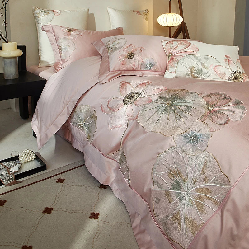 Floral Embroidery 600TC Cotton Duvet Cover Set - Pink