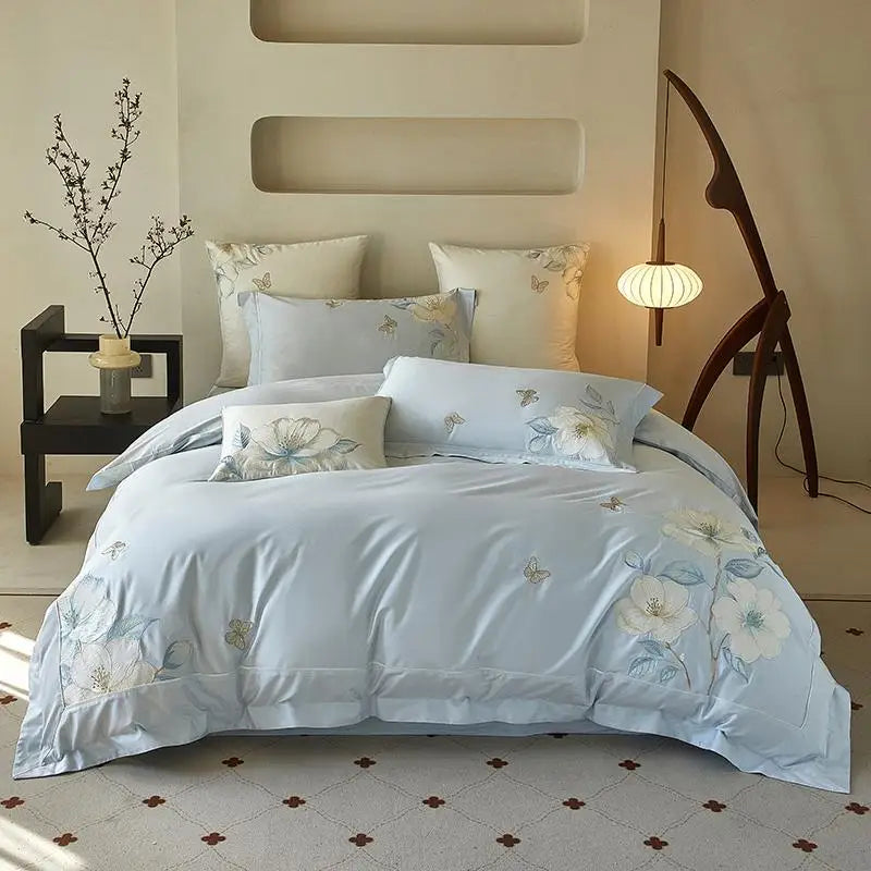 Floral Embroidery 600TC Cotton Duvet Cover Set - Sky