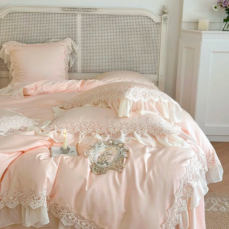 French Vintage 1000TC Cotton Ruffle Lace Bedding Set - Pink