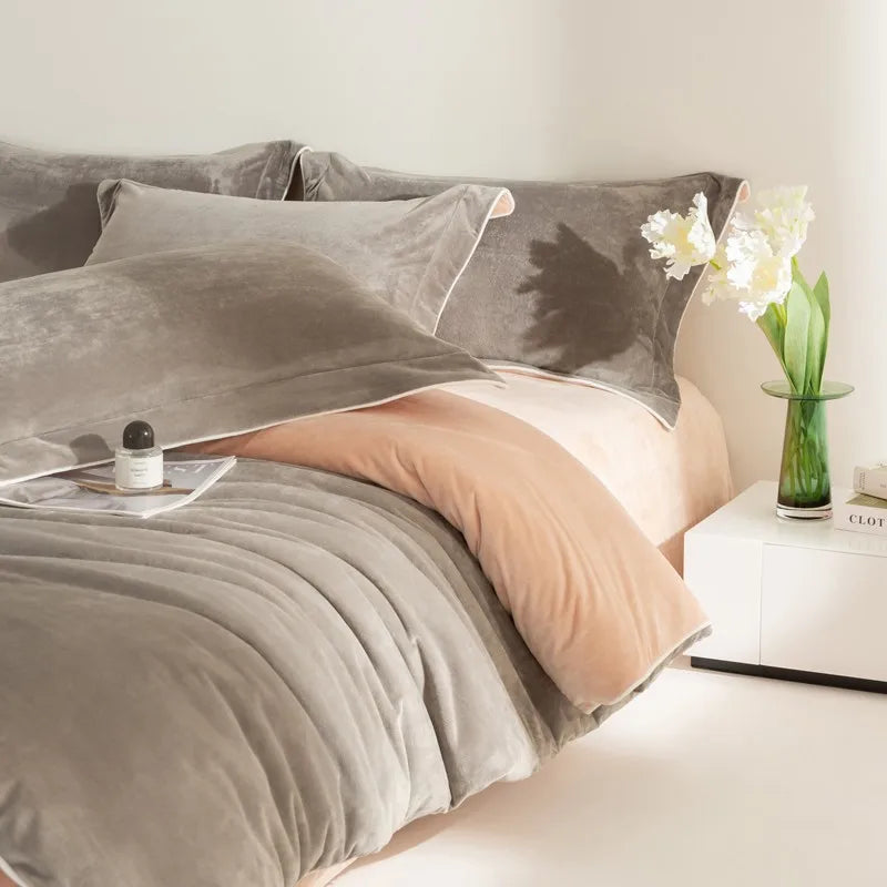 Gray and pink 500TC Reversible Fluffy Microfiber velvet textured Duvet Cover Set