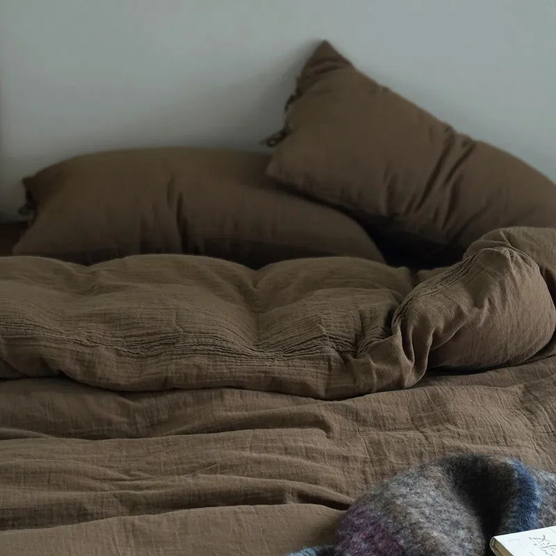 Grey 600TC Cotton Twill Wrinkled Yarn Bedding Set at The Happy Ladies