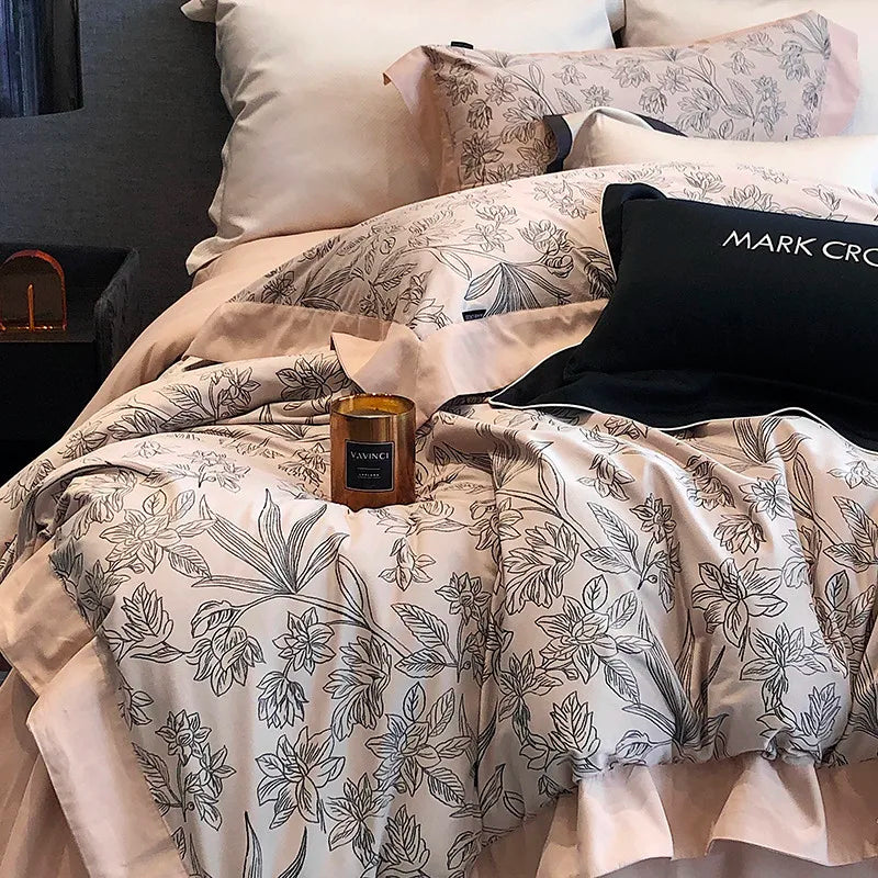 Grey and beige floral Ripple Velvet Fluffy Duvet Cover Bedding Set includes sheets, duvet cover and pillowcases