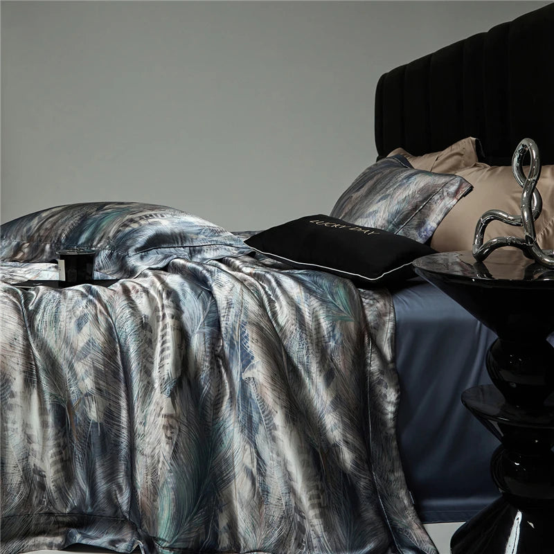 Grey and blue silk cooling bedding set at the happy ladies