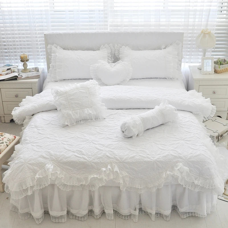 THL1039 Luxurious 100% Cotton Thick Quilted Lace Bedding Set Elegant Wedding & Royal Hotel Home Decor (D)