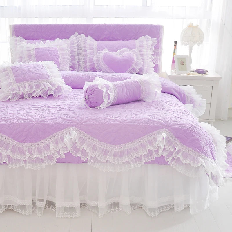THL1039 Luxurious 100% Cotton Thick Quilted Lace Bedding Set Elegant Wedding & Royal Hotel Home Decor (B)
