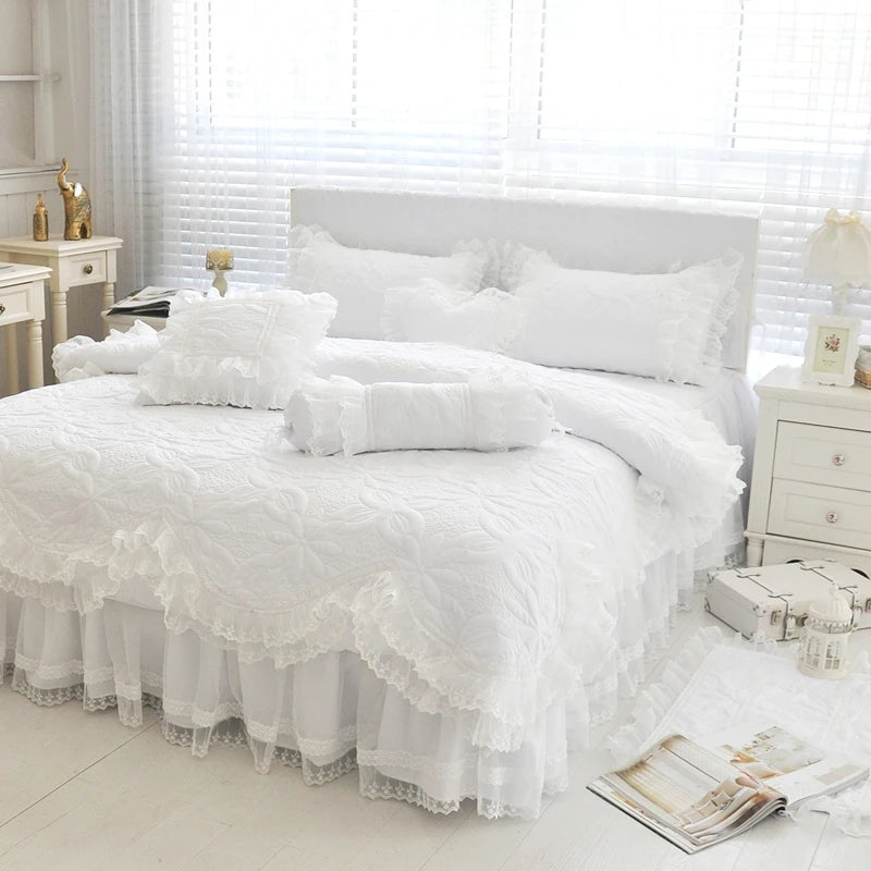 THL1039 Luxurious 100% Cotton Thick Quilted Lace Bedding Set Elegant Wedding & Royal Hotel Home Decor (D)