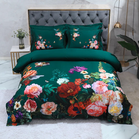 THL1068 Luxury Egyptian Cotton Bed Sheet with Elegant Birds and Flowers Leaf Design (F)