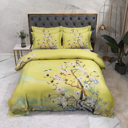 THL1068 Luxury Egyptian Cotton Bed Sheet with Elegant Birds and Flowers Leaf Design (E)