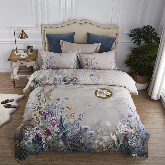 THL1068 Luxury Egyptian Cotton Bed Sheet with Elegant Birds and Flowers Leaf Design (A)