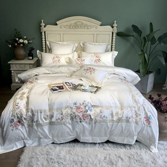 Juego de cama de lujo de algodón egipcio blanco con bordado THL1077