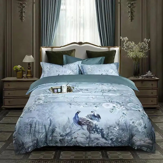 THL1068 Luxury Egyptian Cotton Bed Sheet with Elegant Birds and Flowers Leaf Design (C)
