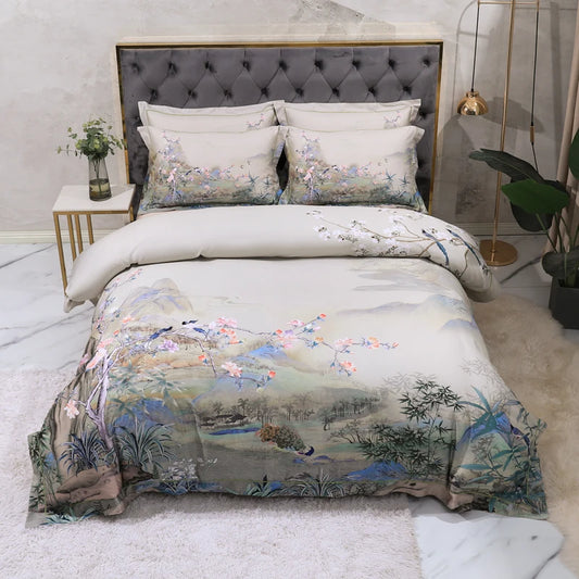 THL1068 Luxury Egyptian Cotton Bed Sheet with Elegant Birds and Flowers Leaf Design (D)