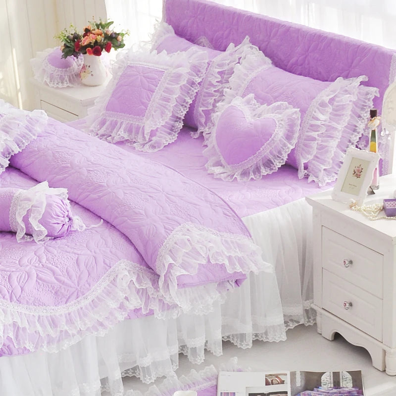 THL1039 Luxurious 100% Cotton Thick Quilted Lace Bedding Set Elegant Wedding & Royal Hotel Home Decor (B)