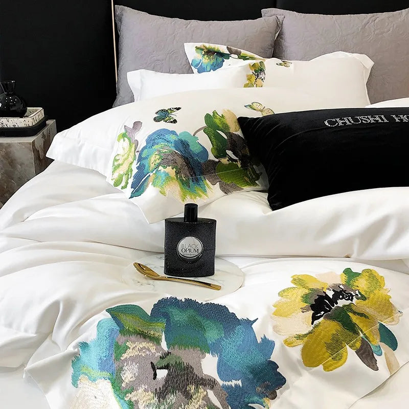 King and Queen size 800TC Egyptian Cotton Floral White Bedding set includes Duvet Cover, sheet and pillowcases