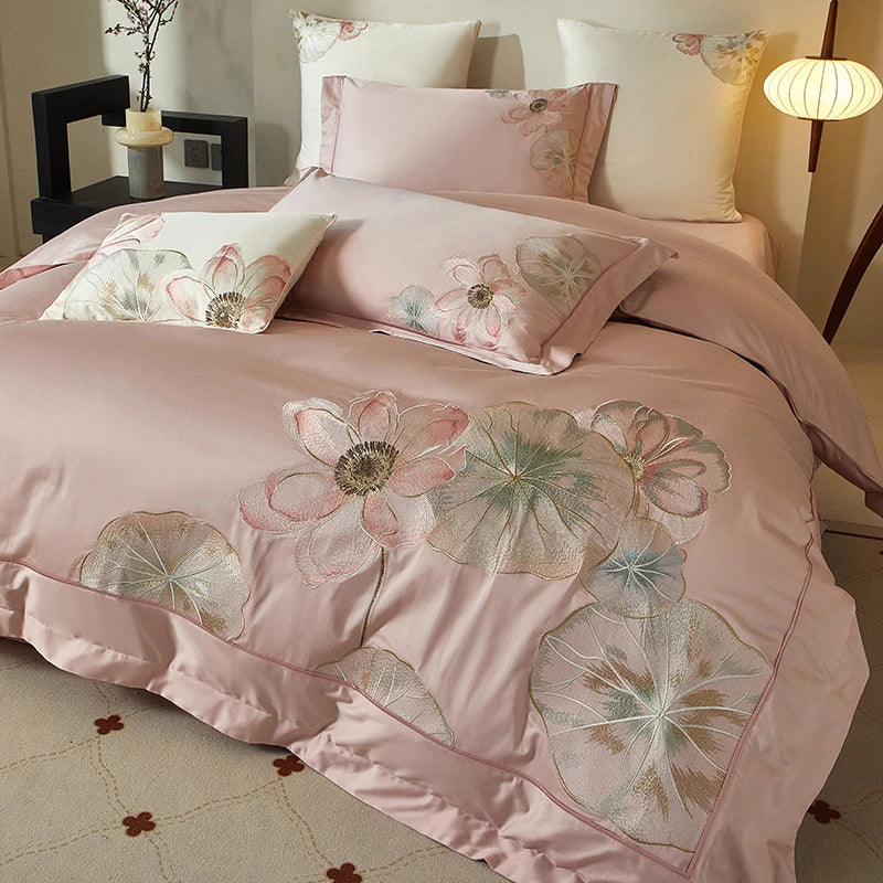 King and Queen size Floral Embroidered 600TC Cotton flat and fitted sheets at The Happy Ladies