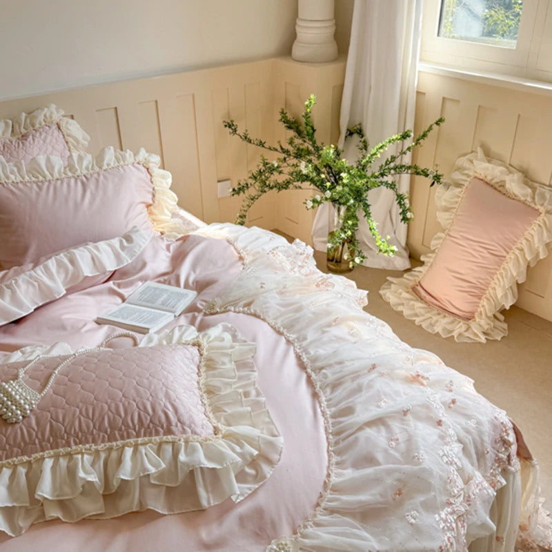 King and Queen size princess style Pink and white ruffled floral embroidery bedding set