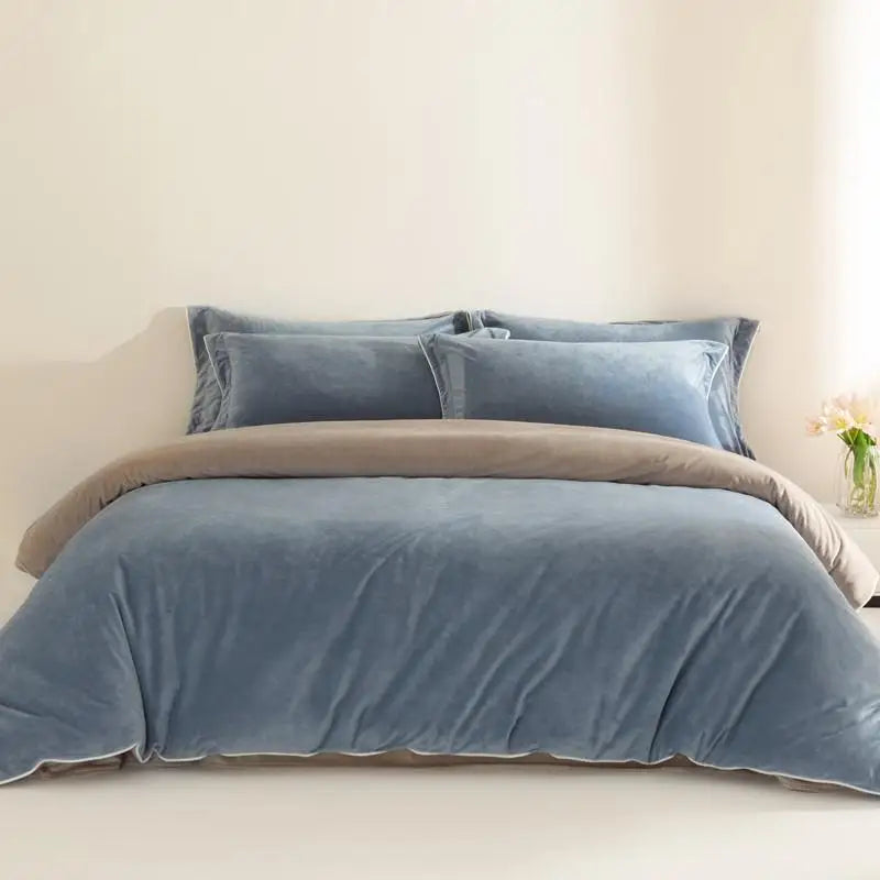 King size 500TC Reversible Fluffy Microfiber Duvet Cover Set with Sheets - Blue