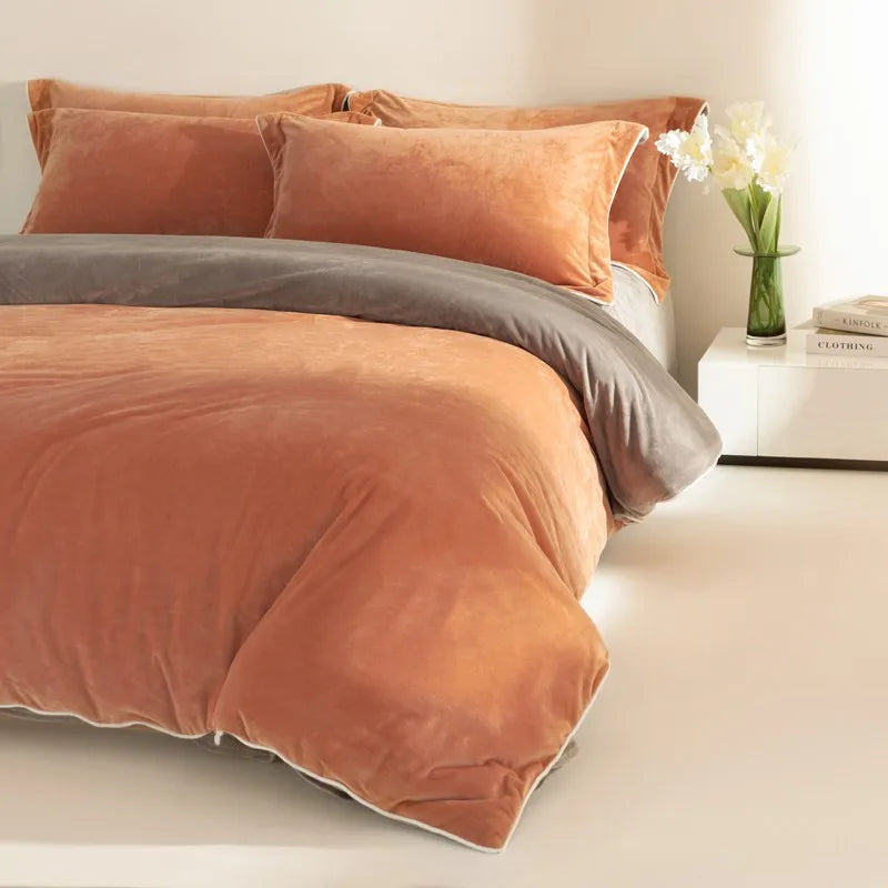 King size 500TC Reversible Fluffy Microfiber Duvet Cover Set with Sheets - Rust velvet bedding blanket in a bedroom setting.