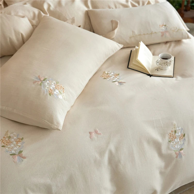 King size 600TC Natural Linen Cotton Blend Luxury Embroidery White Bedding Set