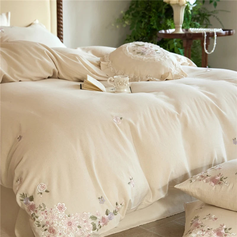 King size 600TC Natural Linen Cotton Blend Luxury Soft floral Embroidery Bedding Set