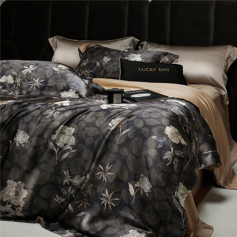 King size Black 600TC Silk-Lyocell Blend Digital Print Bedding Set