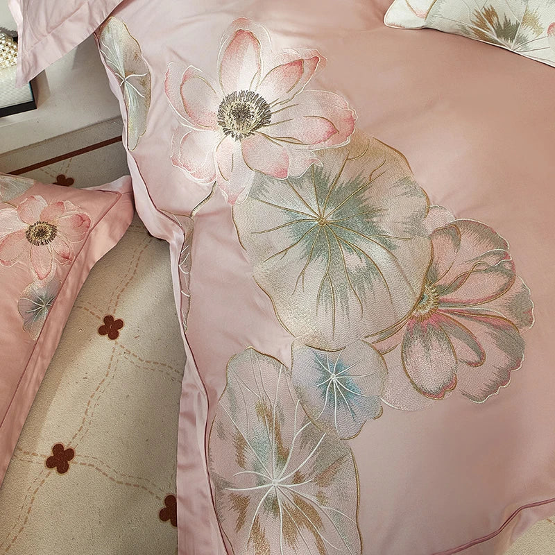 King size Floral Embroidery 600TC Cotton Duvet Cover Set - Pink