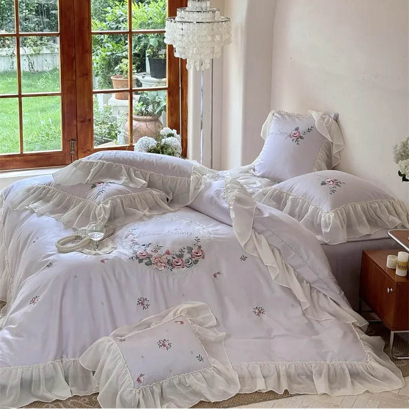 Lilac 600TC Egyptian Cotton Floral Embroidered Bedding set available in King, Double and Queen sizes