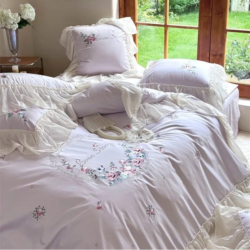 Lilac 600TC Egyptian Cotton Floral Embroidered Bedding set includes duvet cover, sheets and pillowcases