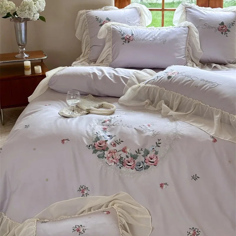 Lilac 600TC Egyptian Cotton Floral Embroidered Duvet Cover Set at The Happy Ladies 