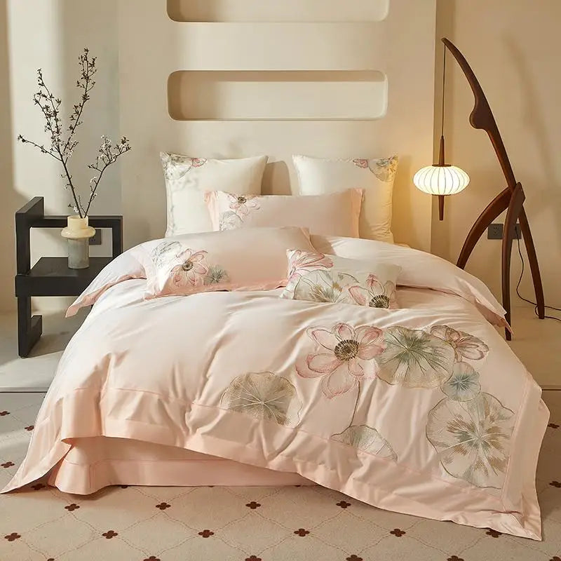 Lotus Embroidery 600TC Cotton Duvet Cover Set - Peach