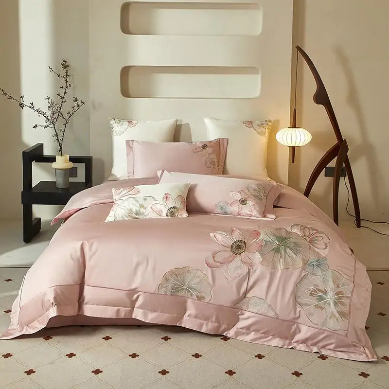 Lotus Embroidery 600TC Cotton Duvet Cover Set - Pink