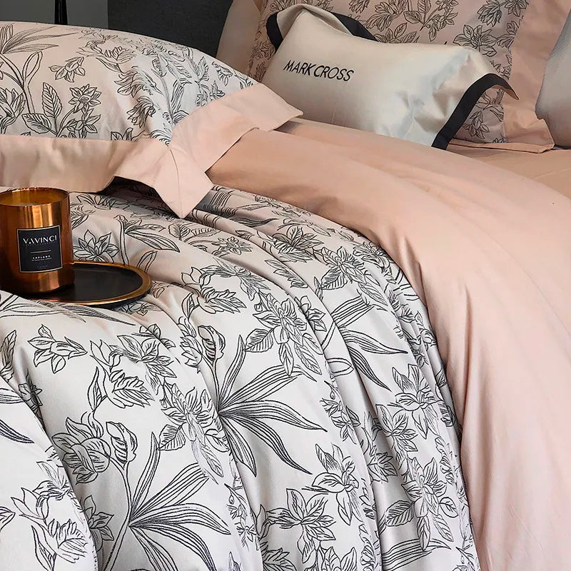 Luxury Ripple Velvet Fluffy Duvet Cover Bedding Set 4Pcs - Grey floral with duvet cover