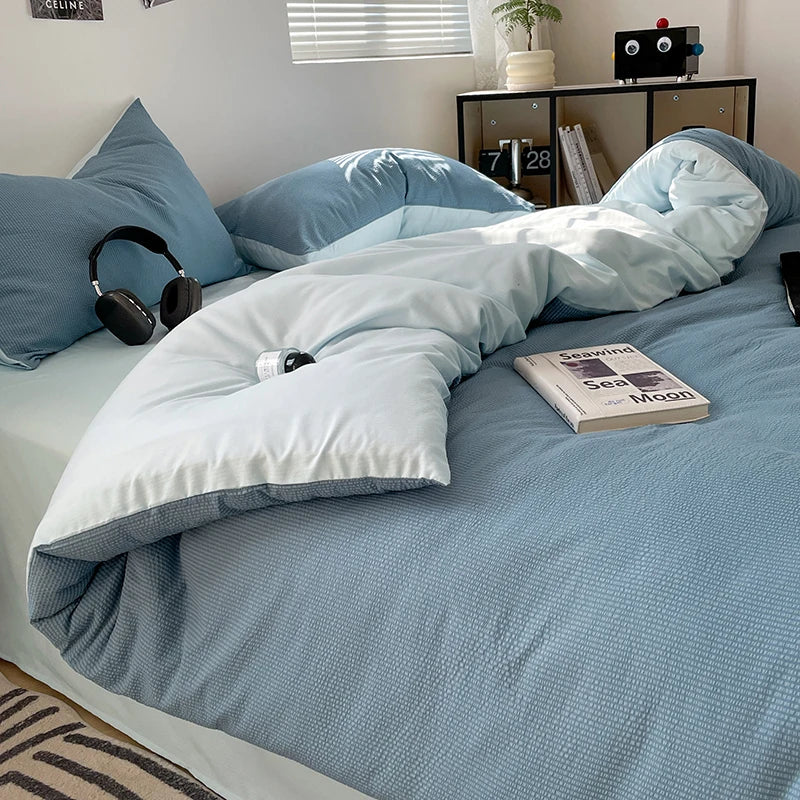 Luxury bed linen Seersucker 3-Piece Duvet Cover Set – Microfiber - Ocean Blue