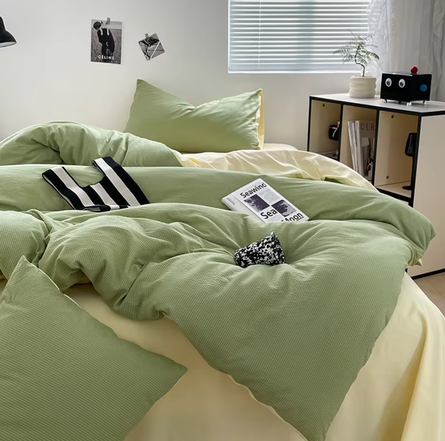 Modern luxury bedding Seersucker 3-Piece Duvet Cover Set – Microfiber - Green
