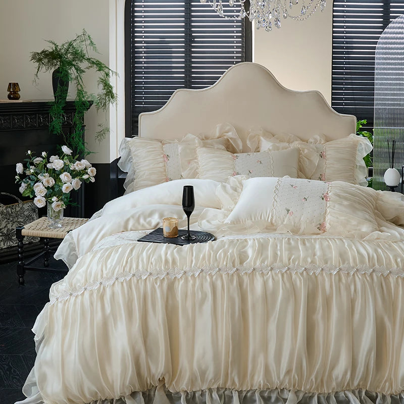 Off white Princess Style Lace Ruffle Cotton Bedding Set