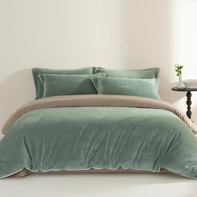 Olive Green velvet bedding set on a bed with a neutral background