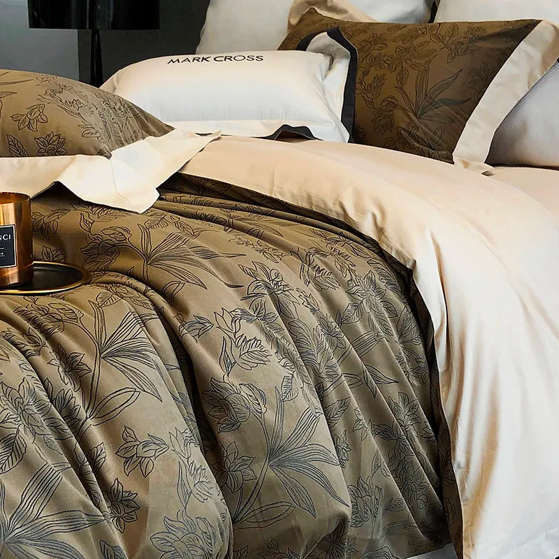 Olive Luxury Ripple cotton Fluffy floral Duvet Cover Bedding Set 4Pcs 