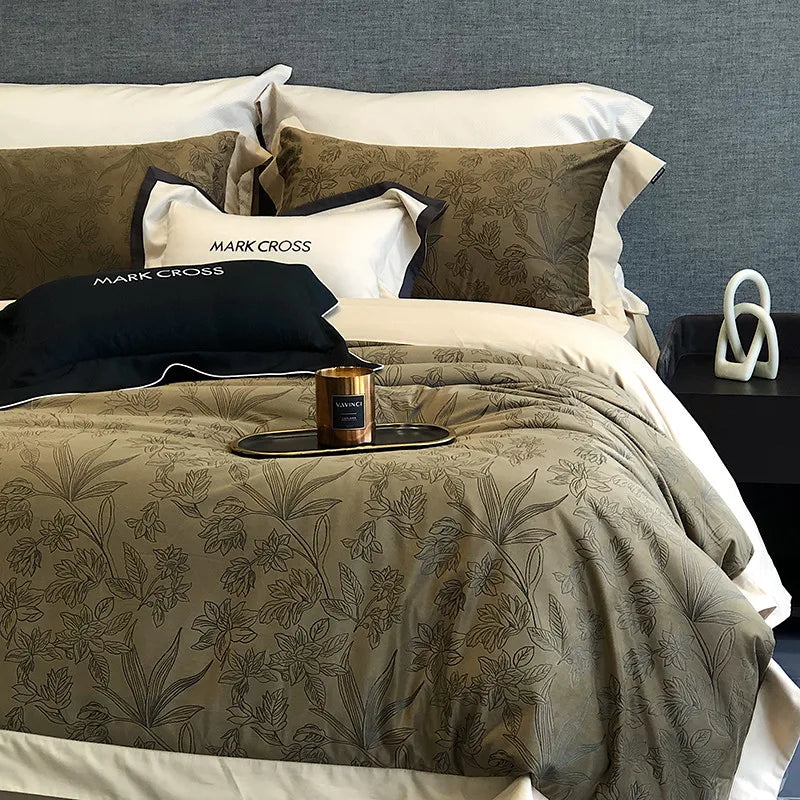 Olive set with beige trim Luxury Ripple cotton Fluffy floral Duvet Cover Bedding Set 4Pcs 