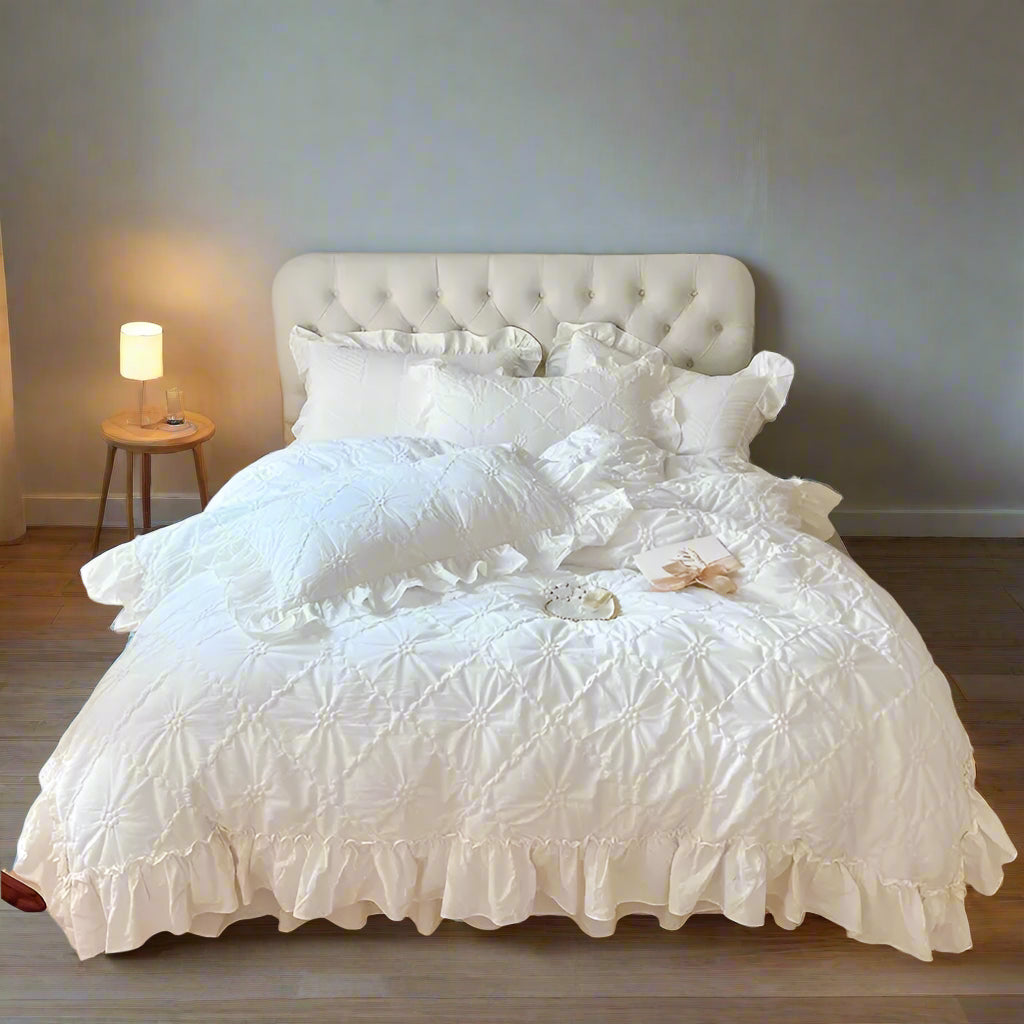 Pinch Pleated Cotton Duvet Cover Set in White | Queen & King