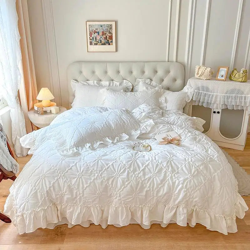 Pinch Pleated Cotton Duvet Cover Set in White | Queen & King