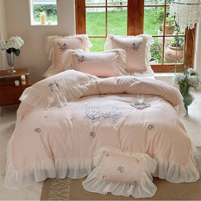 Pink 600TC Egyptian Cotton Floral Embroidered Bedding set with sheets, duvet cover and pillowcases