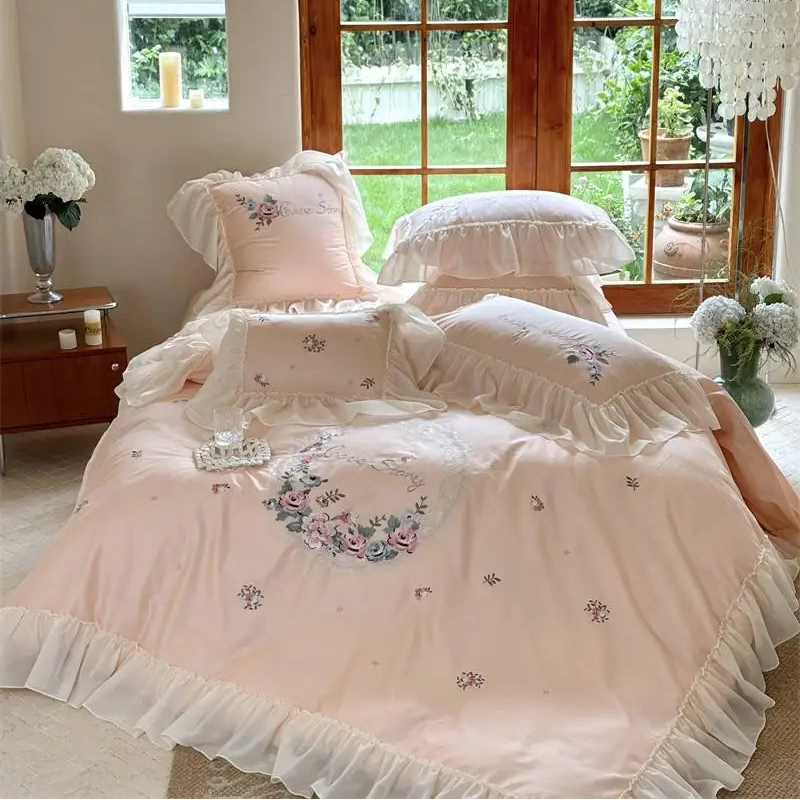 Pink 600TC Egyptian Cotton Floral Embroidered Duvet Cover Set