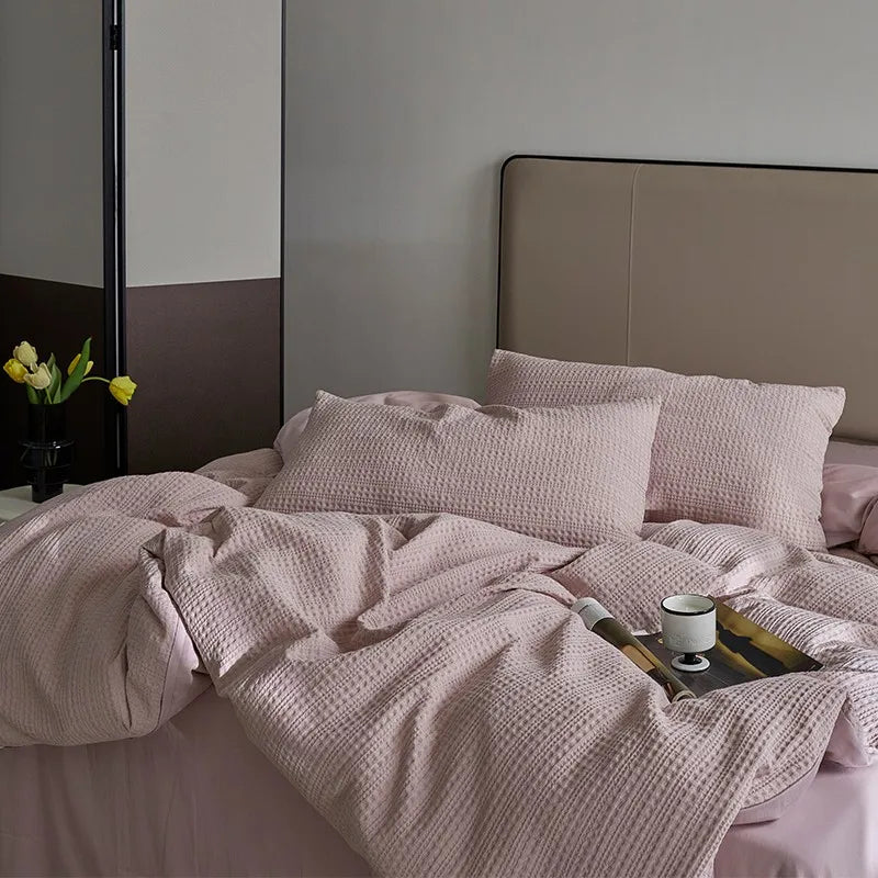 Pink 600TC Washed Cotton Waffle Weave Bedding Set