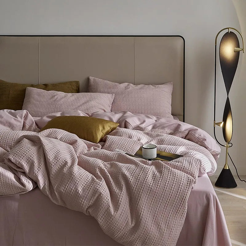 Pink King size 600TC Washed Cotton Waffle Weave Duvet Cover Bedding Set