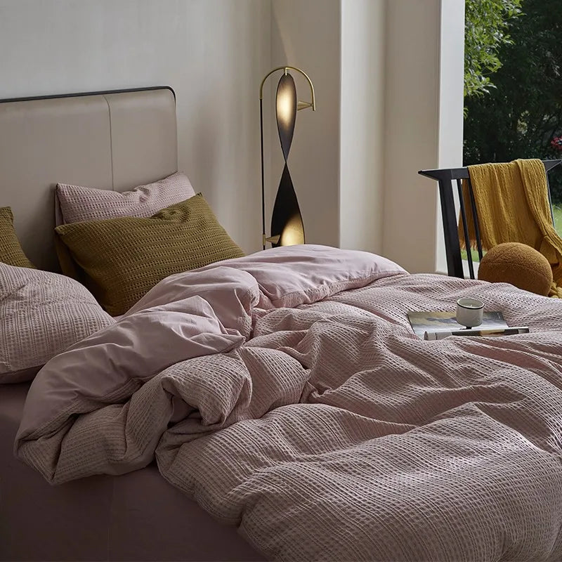 Pink Queen size 600TC Washed Cotton Waffle Weave Duvet Cover Bedding Set