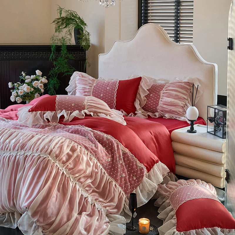 Pink and Red Princess Style Lace Ruffle Cotton Bedding Set includes Bed skirt, pillowcases and duvet cover