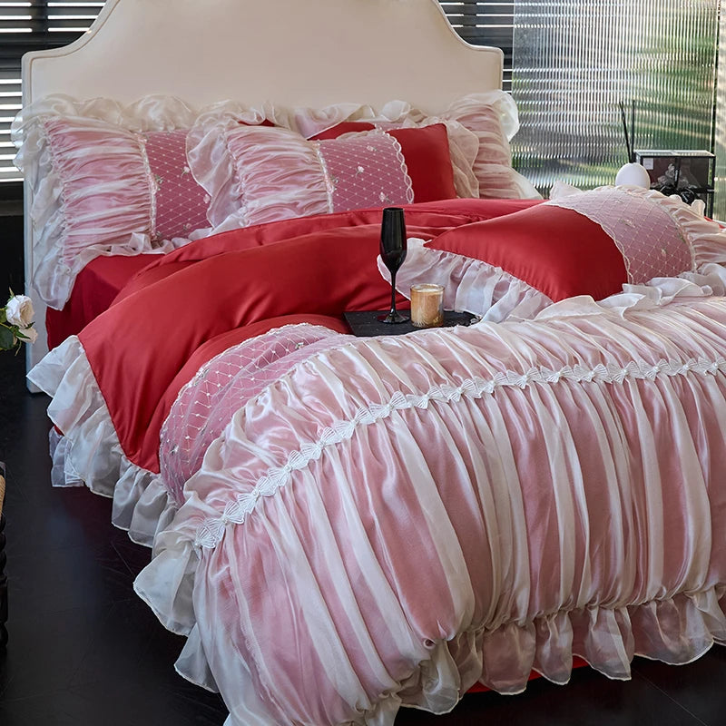 Pink and Red Princess Style Lace Ruffle Cotton Duvet Cover Bedding Set