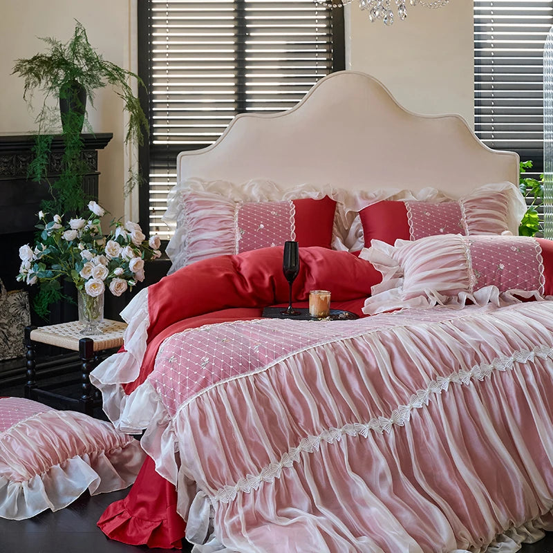 Pink and Red Princess Style Lace Ruffle Cotton Duvet Cover Bedding Set available in Queen and King sizes