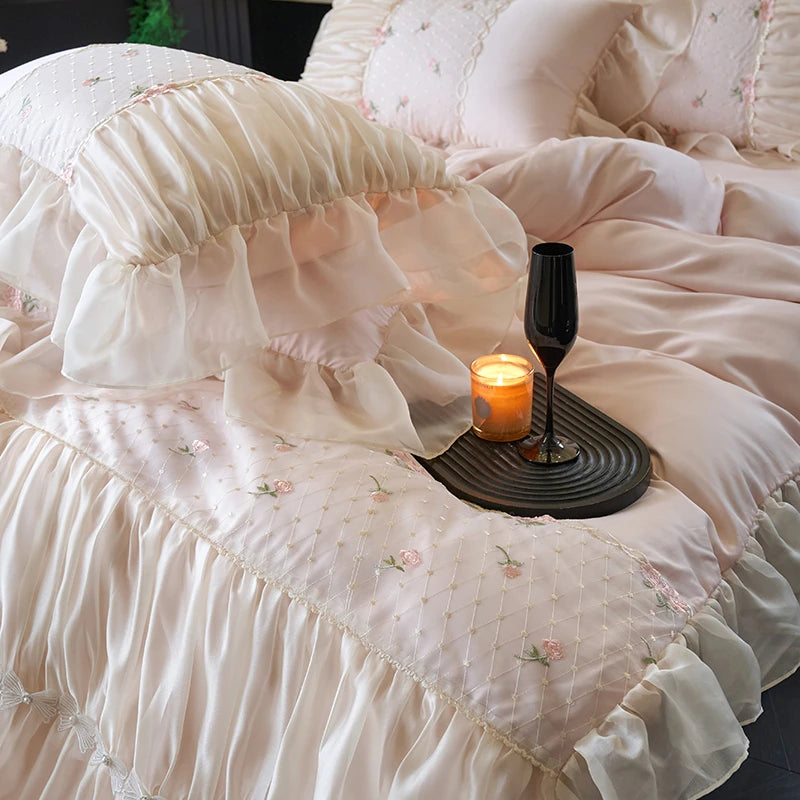 Princess Style Lace Ruffle Cotton  Bedding Set includes Pillowcases, Duvet cover and Bed skirt