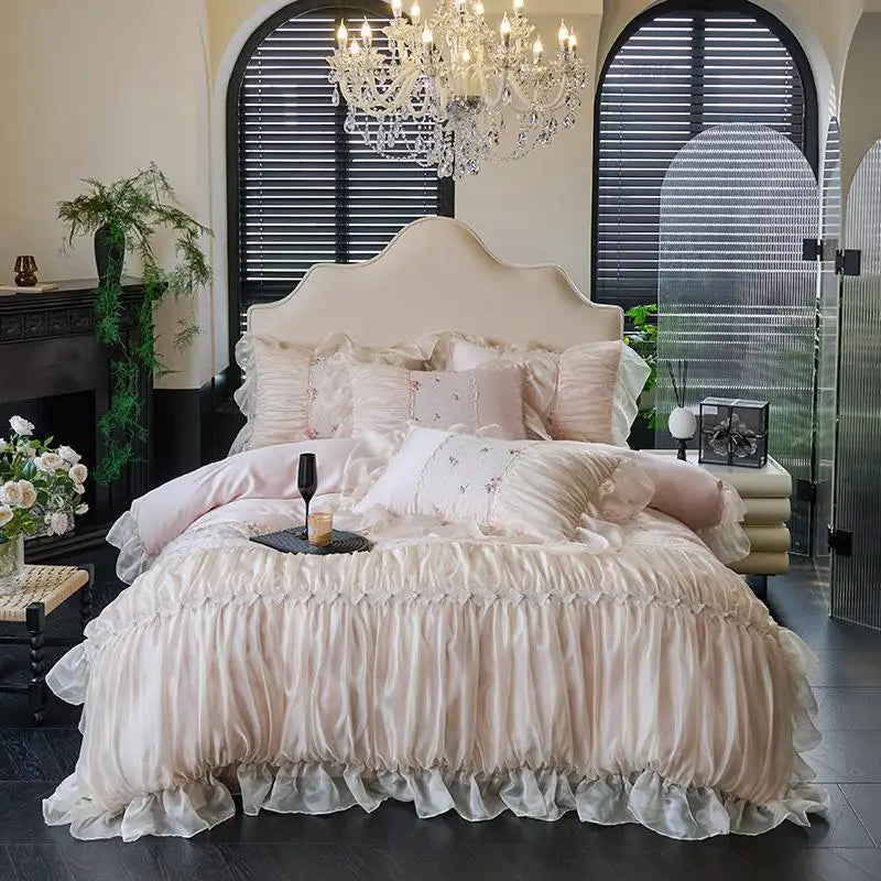 Princess Style Lace Ruffle Cotton Duvet Cover Bedding Set - Cream